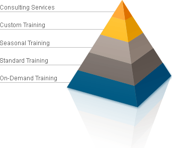 The Learning Pyramid featuring Consulting Services, Custom Training, Seasonal Training, Standard Training, and On-Demand Training